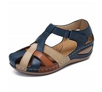 Womens Closed Toe Sandals Premium Orthopedic Sandals Vintage Retro Leather Summer Vintage Shoes Anti-slip Wedge Sandals Adjustable Ankle Strap