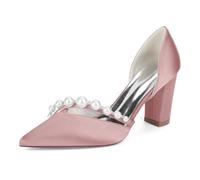 Women's Closed Toe Satin Block Heel Pumps Bridal Shoes Pearls Party Wedding Dress Shoes 22014-17,Blush,7 UK
