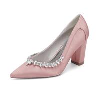 Women's Closed Toe Satin High Heels Chunky Block Ankle Pointed Toe Bridal Classic Dress Pumps Shoes 8.5Cm,Meat Pink,4.5 UK