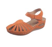 Women's Closed Toe Wedge Sandals - Women's Summer Orthopaedic Sandals with Perforated Pattern Sandals with Ankle Closure Casual Breathable Outdoor Sandals, Orange, 8.5 UK