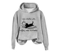 Womens Clothes Sale Clearance Women Hoodies Coffee Cat And Book Print Sweatshirts Hooded Solid Solor Loose Fit Blouse Tops 2024 Fall Warm Thick Long Clearance