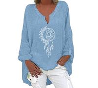 Womens Clothing Sale Clearance UK Womens Linen Shirts Womens Long Sleeve V Neck Floral Printed Irregular Hem Top T Shirt Casual Shirts Tee Blouse Today Deals of The Day Sky Blue
