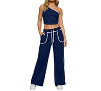 Women's Clothing - Trendy Summer Two Piece Set Off Shoulder Top and Wide Trousers Casual Outfit
