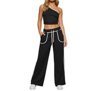 Women's Clothing - Trendy Summer Two Piece Set Off Shoulder Top and Wide Trousers Casual Outfit