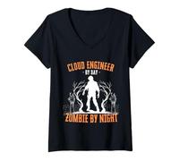Womens Cloud Engineer by Day Zombie by Night Funny Halloween Creepy V-Neck T-Shirt