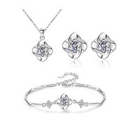 Womens Clover Jewellery Set Plated White Gold Crystal Four-Leaf Necklaces Bracelet and Earrings Set Cubic Zirconia Pendant Jewellery Set Gifts for Mum Her Wife (White)