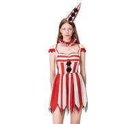 Womens Clown Costume,Off Shoulder Deadly Darling Clown Costume Killer Clowns Jumpsuit+Sleeves+Collar+Hat+Stockings 5 Pcs Circus Jester Costumes (B-01, L)
