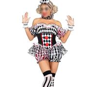 Womens Clown Costume,Off Shoulder Deadly Darling Clown Costume Shorts Jumpsuit+Sleeves+Collar+Hat+Stockings 5 Pcs Circus Clowns Bodysuit Costumes (black, XL)