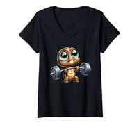 Womens Clumsy and Cute Chibi Turtle Weightlifting Funny Cartoon V-Neck T-Shirt