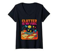 Womens Clutter is My Fuel | Funny Creative Chaos Design V-Neck T-Shirt
