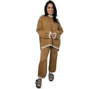Womens Co-Ord Knitted Oversized 2 Pcs Set, Ladies Long Sleeve Winter Warm Pullover Tracksuit, Casual Solid Color Knitwear Loungwear Sweater Jumper Trouser Tops Outfit Uk One Size 8-16, Camel
