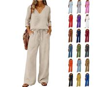 Womens Co Ord Sets Summer Linen Co Ord Sets for Women UK Summer 2 Piece Travel Airport Outfits 3/4 Sleeve V Neck Henley Tops Wide Leg Trousers Holiday Beach Vacation Clothes Loungewear