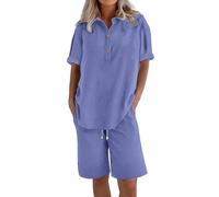 Womens Co Ord Sets Womens Cotton Linen Co Ord Sets Summer 2 Piece Airport Outfits Plus Size Short Sleeve Button Up Henley Tops and Wide Leg Bermuda Shorts Travel Leisure Loungewear Tracksuits