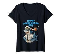 Womens Coast Guard Celebration Shark Captain, Rescue Helicopter V-Neck T-Shirt