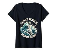 Women's Coast Watch s Shore Corp s Lighthouse Ocean Wave V-Neck T-Shirt