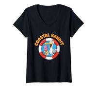 Women's Coastal Bandit Seagull Stealing Beach Ice Cream V-Neck T-Shirt