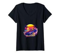 Women's Coastal Fox Night Drive Retro Sunset V-Neck T-Shirt
