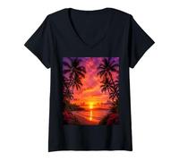 Women's Coastal Palm Tree Beach Sunset Island Paradise V-Neck T-Shirt