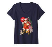Womens Coca-Cola Christmas Santa Claus Puppy V-Neck T-Shirt