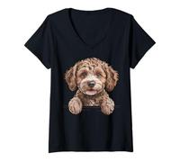 Women's Cockapoo Funny Peeking Doodle Dog Pocket Puppy V-Neck T-Shirt