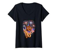 Women's Cockapoo Holding US Flag 4th of July Fireworks Patriotic V-Neck T-Shirt