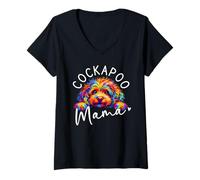 Women's Cockapoo Mama Rainbow Pop Colour Art Peeking Cockerpoo V-Neck T-Shirt