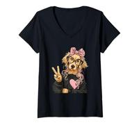 Women's Cocker Spaniel Girl Peace Sign Pink Bow Pop Graphic Playful V-Neck T-Shirt