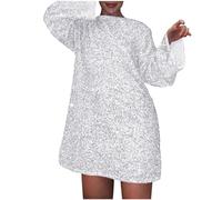 Women's Cocktail Dresses Sexy Solid Color Sequin Short Dress Long Sleeved Crew Neck Loose Oversized Party Dress Back Tie Bow Dress Prom Dress for Women UK White