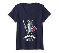Women's Cocktail King Funny Quote Drinking Bartender V-Neck T-Shirt, Navy Blue, XX-Large