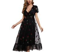 Women's Cocktail Party Dress - Strawberry Casual Summer Maxi 1950s Retro Vintage Polka Dots Puff Short Sleeve V-Neck Printed Long Tulle Plus Size (Black, XXL)