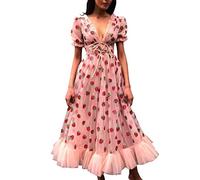 Women's Cocktail Party Dress Strawberry Print Casual Summer Maxi Dress 50s Retro Vintage Puff Short Sleeve V-Neck Long Dress Ladies Tulle Dress