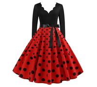 Women's Cocktail Party Dress V Cut Out Polka Dot Dresses Elegant Pattern Print Costumes Audrey Hepburn Dress Long Sleeve Fashionable Party Dress Carnival Dress, red, XXL