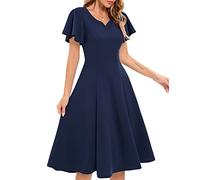 Women's Cocktail Party Evening Dress for Wedding Guest Semi Formal Fit and Flare Elegant Dress for Graduation Casual Modest Homecoming Midi Dresses with Sleeves, Navy L