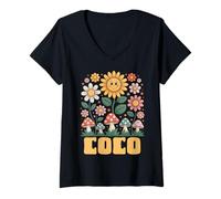 Womens Coco Mother’s Day Floral Sunflower Mushroom Style V-Neck T-Shirt