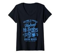 Womens Cocoa Beach Florida Retro Hotrod Surf Design V-Neck T-Shirt