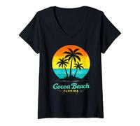 Women's Cocoa Beach Florida Retro Sunset Palm Beach Design V-Neck T-Shirt