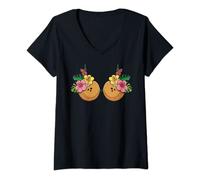 Womens Coconut Bra Costume Hawaiian Tropical Luau Party Women V-Neck T-Shirt