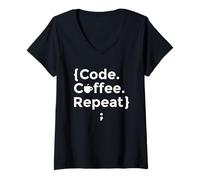 Women's Code Coffee Repeat Programmer Motivational Coding Lover Job V-Neck T-Shirt