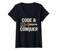 Womens Code & Conquer Retro Gamer Coder V-Neck T-Shirt