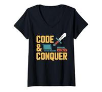 Womens Code & Conquer Retro Gamer Coder V-Neck T-Shirt