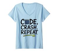 Womens Code Crash Repeat Funny Programmer Humor V-Neck T-Shirt