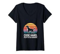 Women's Code Hard Play Fetch Harder Programmer Dog Lover V-Neck T-Shirt