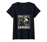Women's Code Like A Samurai Japanese Programmer Software Developer V-Neck T-Shirt