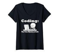 Women's Coder Coding: The True Mystery of Life Funny Nerd Computer V-Neck T-Shirt