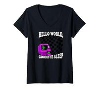 Women's Coder Hello World Goodbye Sleep Computer Science Retro V-Neck T-Shirt