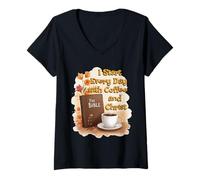 Womens Coffee and Christ Jesus Catholic Morning V-Neck T-Shirt