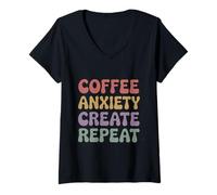 Womens Coffee Anxiety Create Repeat Groovy 70s Vintage Creative V-Neck T-Shirt