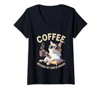 Womens Coffee Because My Son Is Awake Funny Cat lover, Father's Day V-Neck T-Shirt