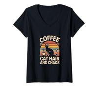 Womens Coffee Cat Hair and Chaos Retro Style V-Neck T-Shirt