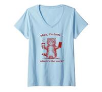 Women's Coffee Cat, I am here Where is The Work, Funny Meme Cats V-Neck T-Shirt